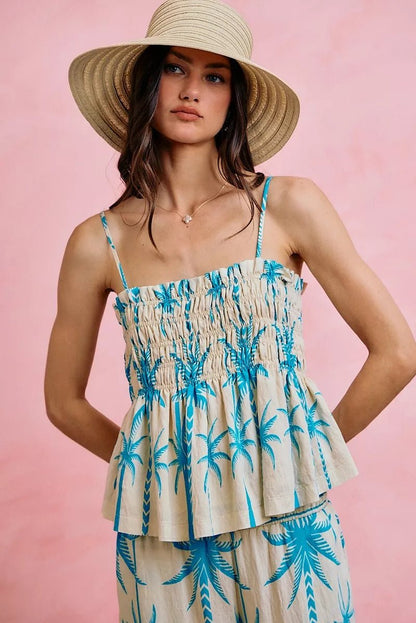 NORIVE Palm Tree Smocked Bodice Adjustable Cami Top - NORIVE