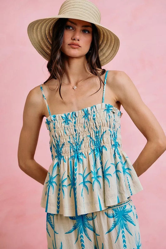 NORIVE Palm Tree Smocked Bodice Adjustable Cami Top - NORIVE