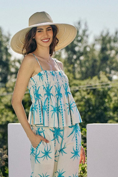 NORIVE Palm Tree Smocked Bodice Adjustable Cami Top - NORIVE