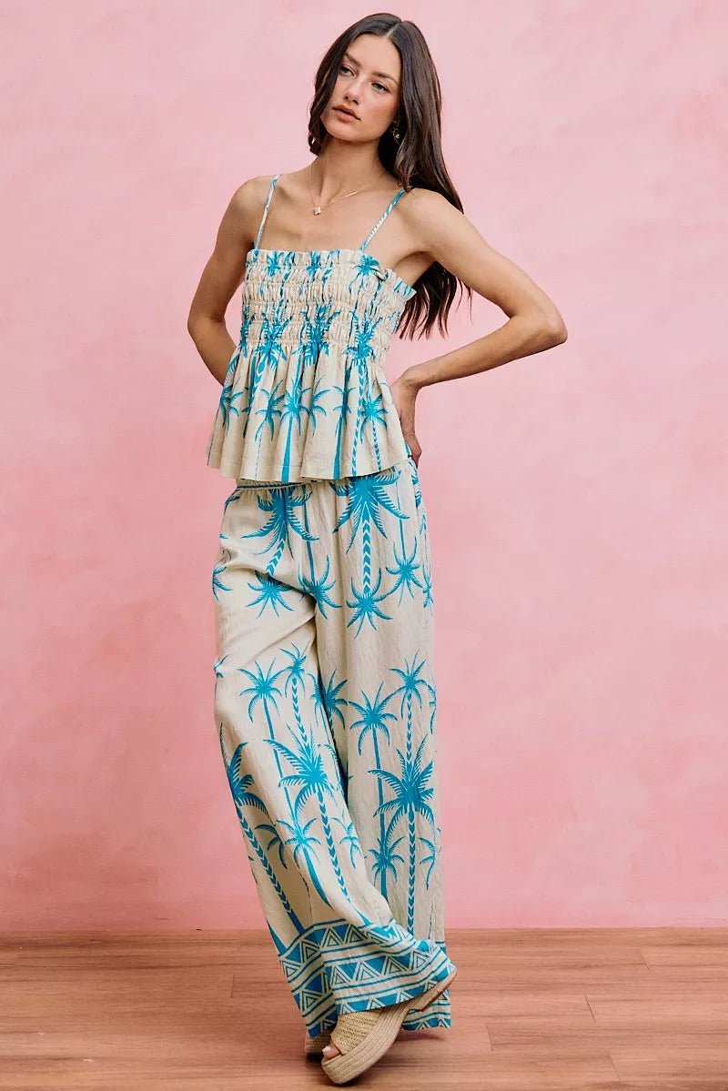 NORIVE Palm Tree Smocked Bodice Adjustable Cami Top - NORIVE