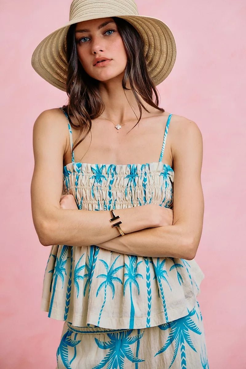 NORIVE Palm Tree Smocked Bodice Adjustable Cami Top - NORIVE