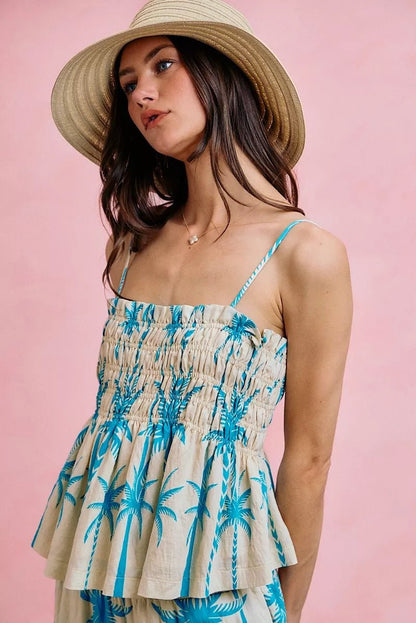 NORIVE Palm Tree Smocked Bodice Adjustable Cami Top - NORIVE