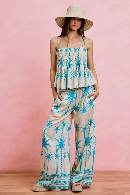 NORIVE Palm Tree Smocked Bodice Adjustable Cami Top - NORIVE