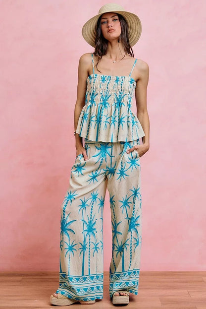 NORIVE Palm Tree Smocked Bodice Adjustable Cami Top - NORIVE