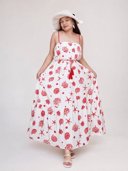 NORIVE Shell Print Tiered Lined Midi Cami Dress With Belt - NORIVE