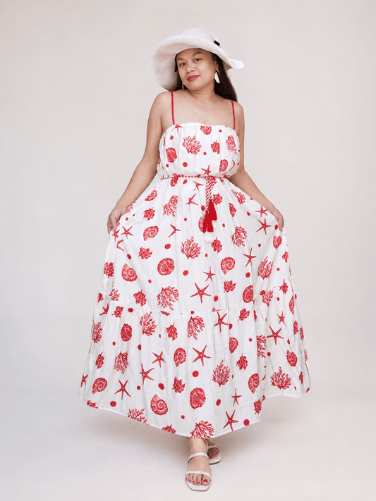 NORIVE Shell Print Tiered Lined Midi Cami Dress With Belt - NORIVE