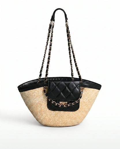 NORIVE Small Woven Straw Beach Bag for Women – Boho Quilted Mini Pouch Chain Strap Shoulder Tote Handbag Summer Vacation - NORIVE
