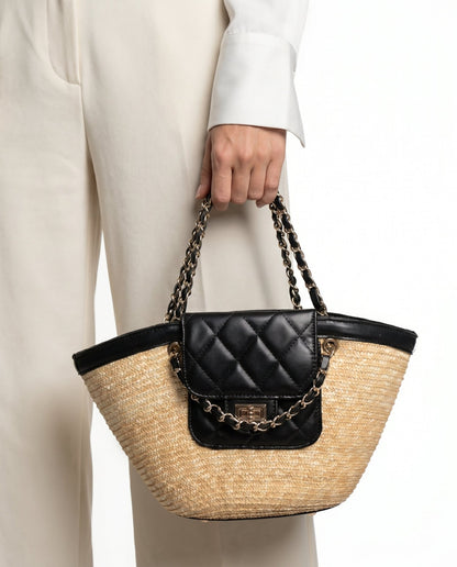 NORIVE Small Woven Straw Beach Bag for Women – Boho Quilted Mini Pouch Chain Strap Shoulder Tote Handbag Summer Vacation - NORIVE