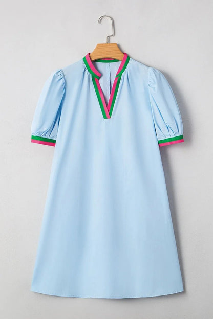 Notched Puff Sleeve Swing Dress - NORIVE