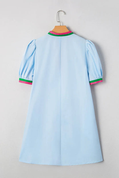 Notched Puff Sleeve Swing Dress - NORIVE