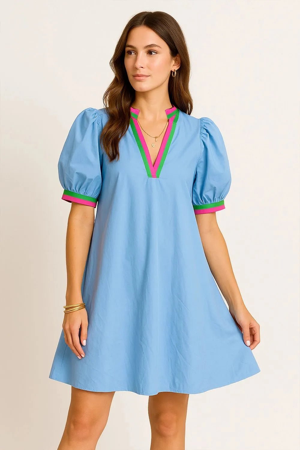 Notched Puff Sleeve Swing Dress - NORIVE