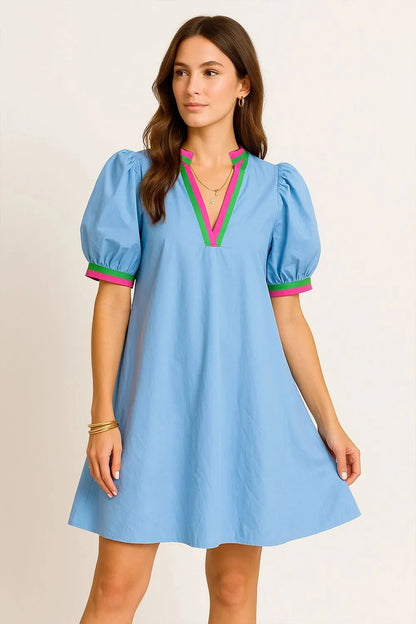 Notched Puff Sleeve Swing Dress - NORIVE