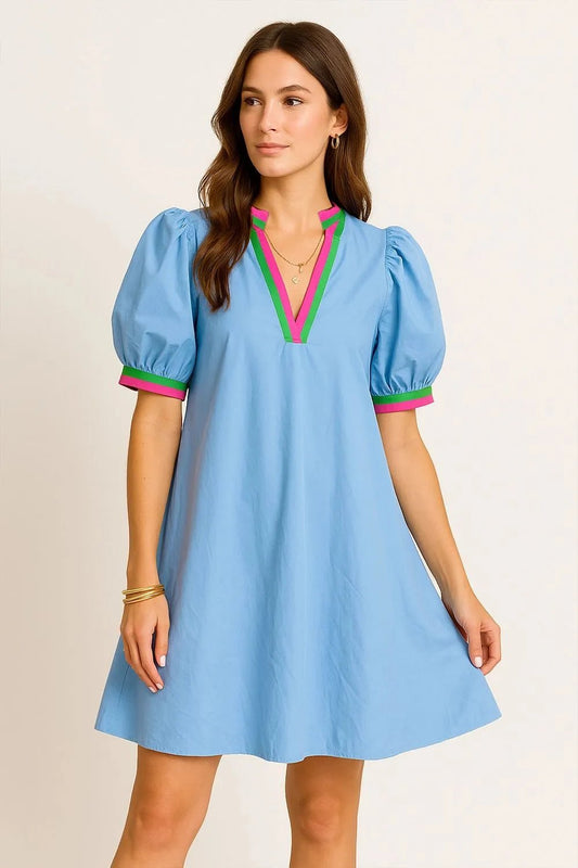 Notched Puff Sleeve Swing Dress - NORIVE