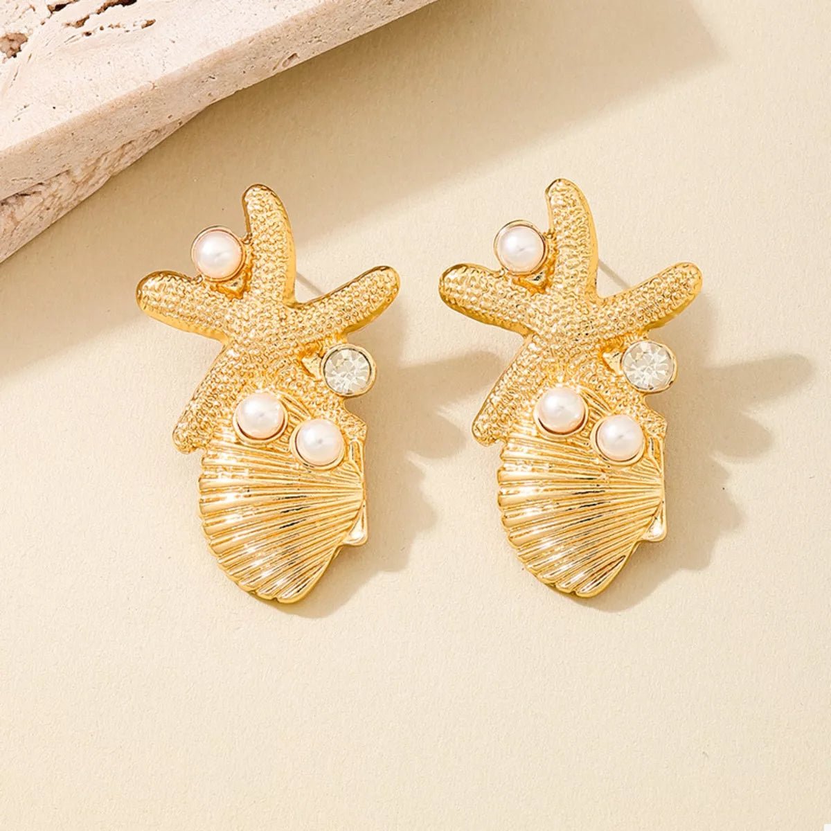 Ocean Starfish Shell Synthetic Pearl Drop Earrings - NORIVE