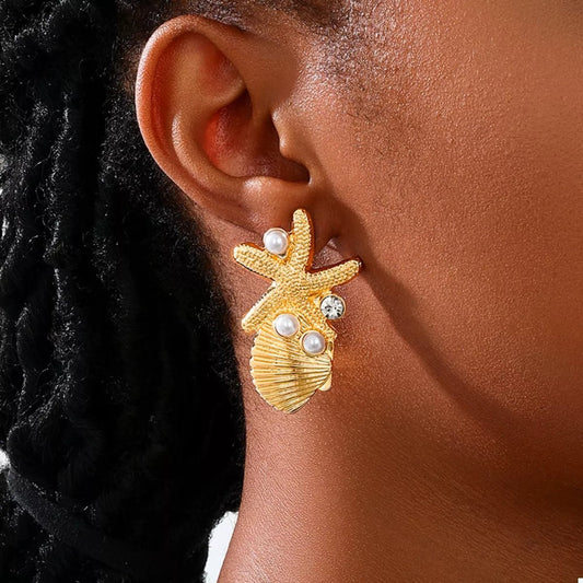 Ocean Starfish Shell Synthetic Pearl Drop Earrings - NORIVE