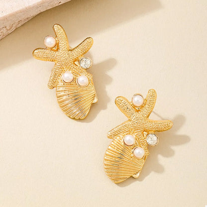 Ocean Starfish Shell Synthetic Pearl Drop Earrings - NORIVE
