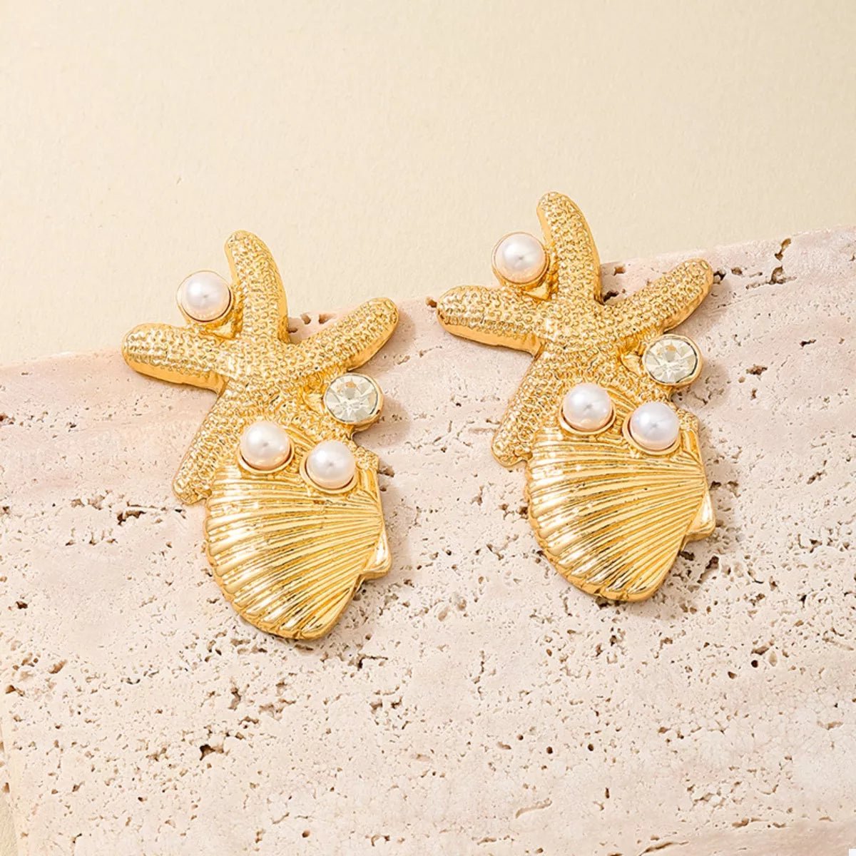 Ocean Starfish Shell Synthetic Pearl Drop Earrings - NORIVE