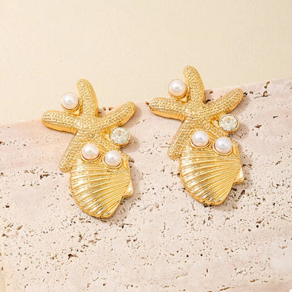 Ocean Starfish Shell Synthetic Pearl Drop Earrings - NORIVE