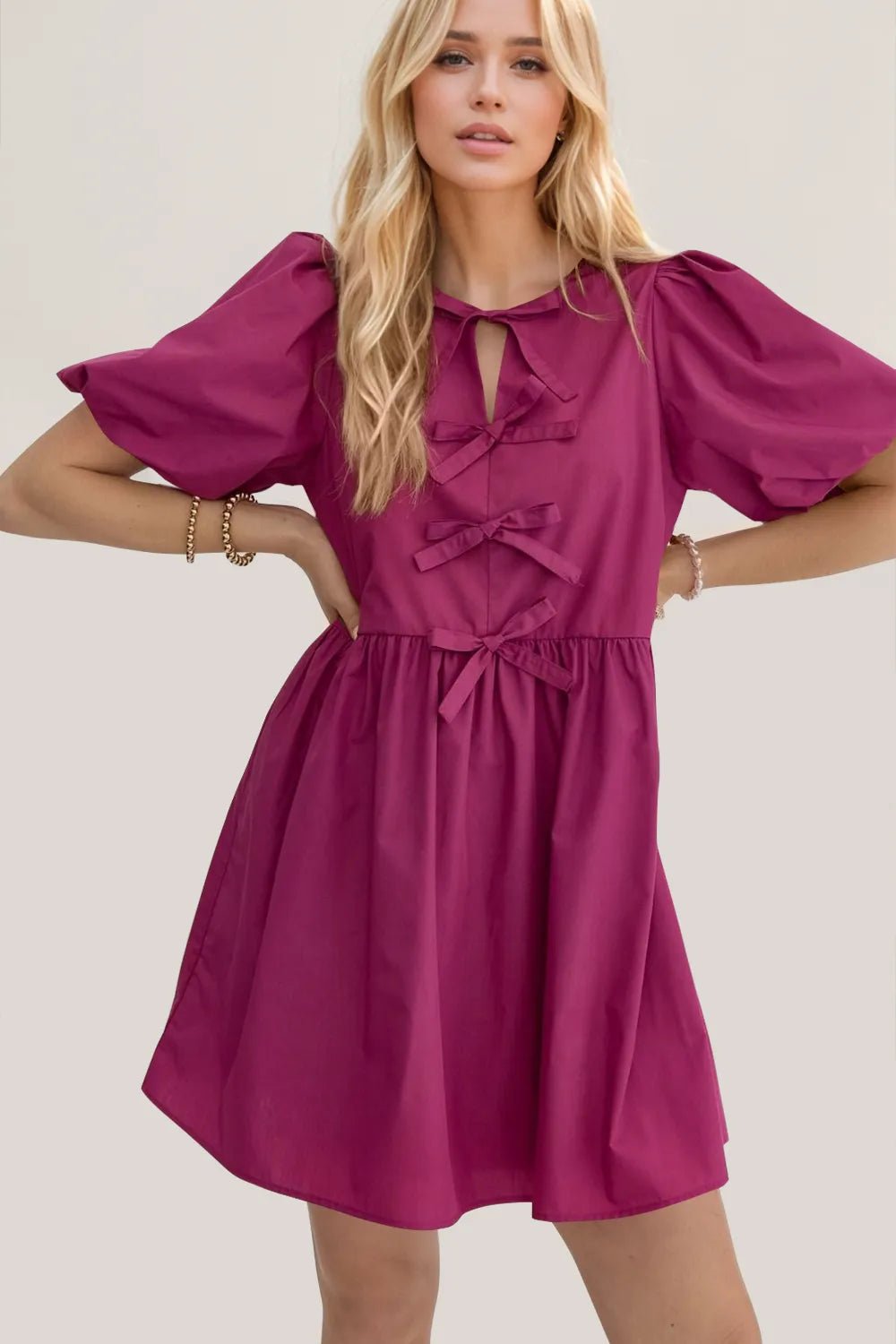 Oh Bow Ruched Puff Sleeve Mini Dress - NORIVE