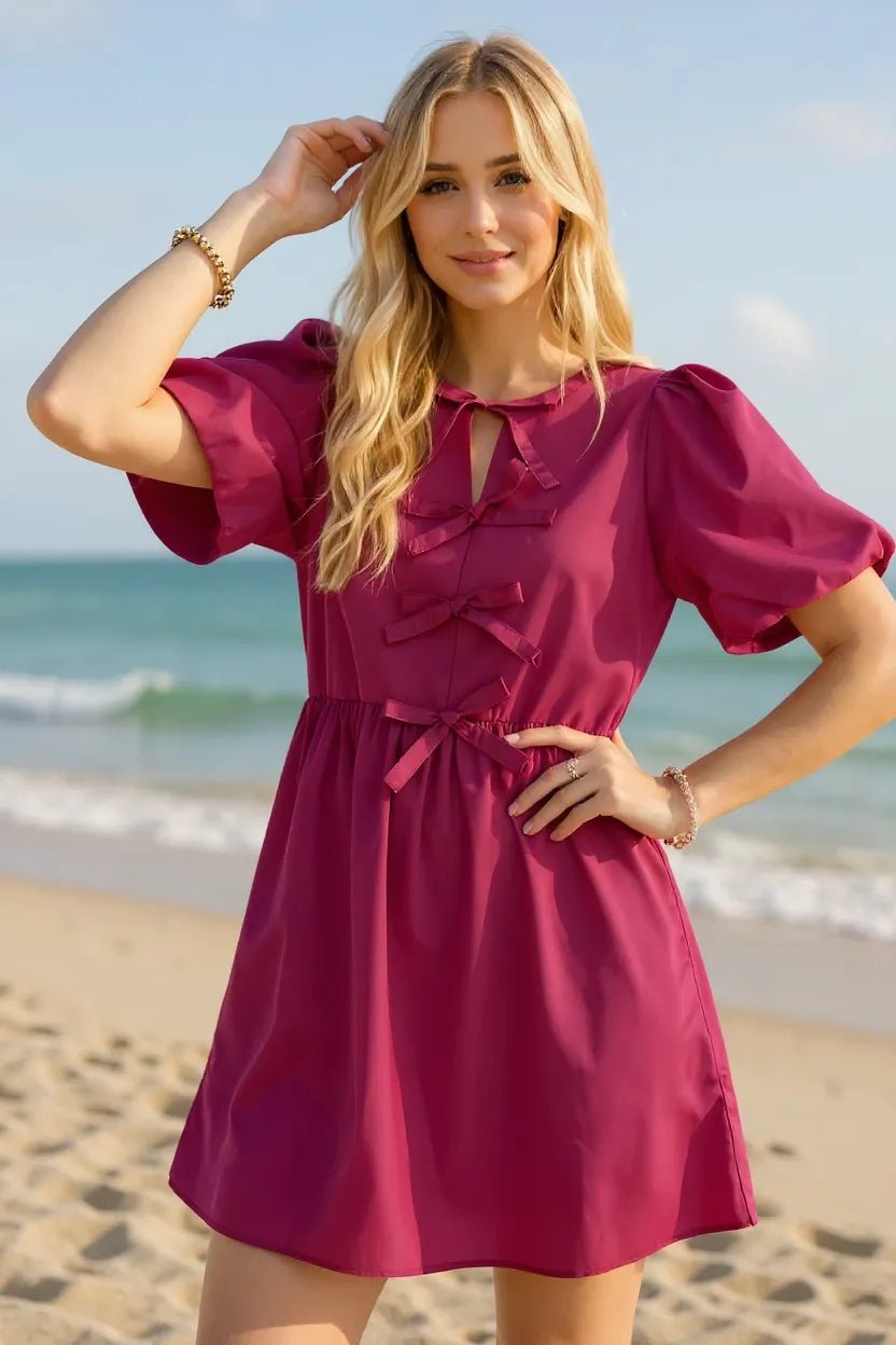 Oh Bow Ruched Puff Sleeve Mini Dress - NORIVE