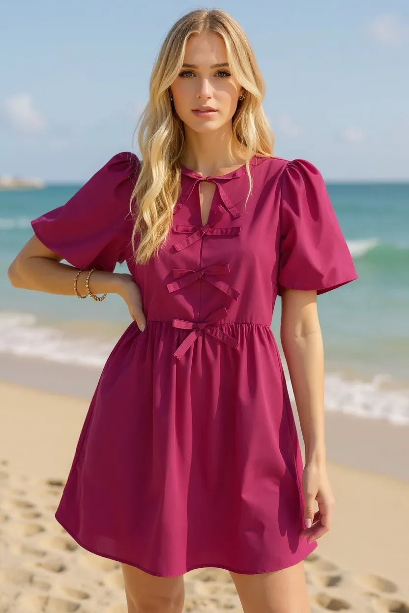 Oh Bow Ruched Puff Sleeve Mini Dress - NORIVE