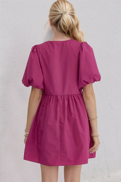 Oh Bow Ruched Puff Sleeve Mini Dress - NORIVE