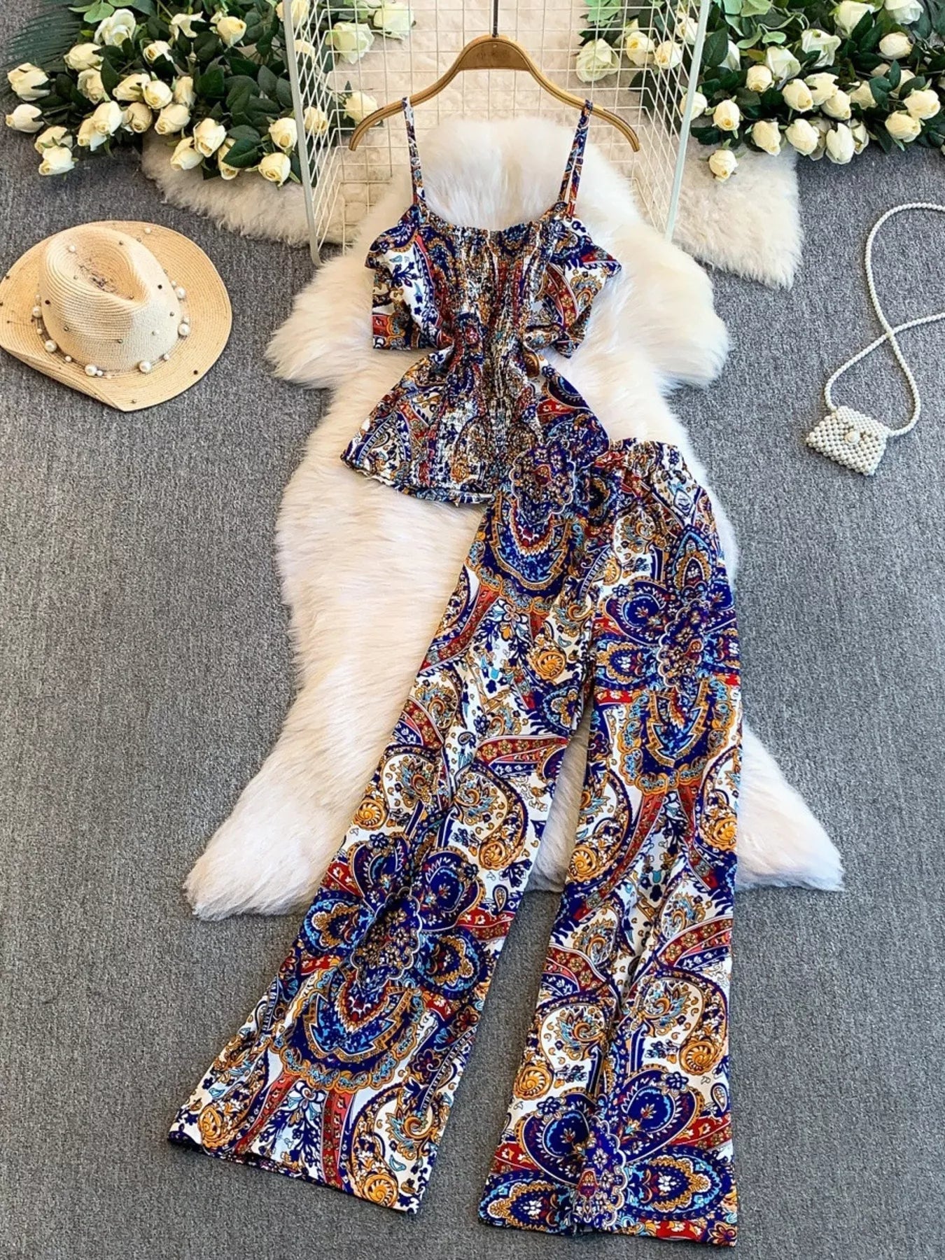 Printed Cami and Wide Leg Pants Set - NORIVE