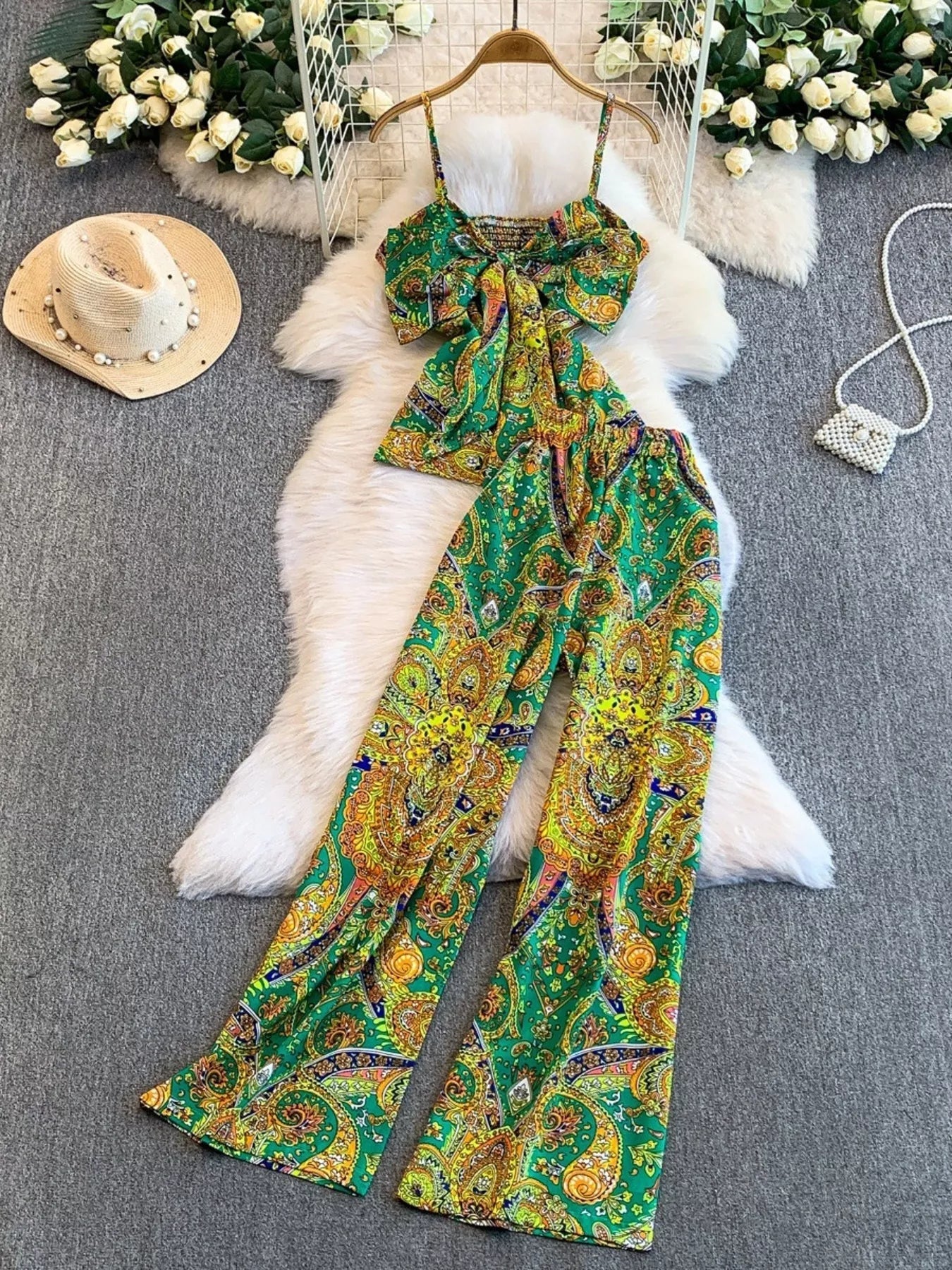 Printed Cami and Wide Leg Pants Set - NORIVE
