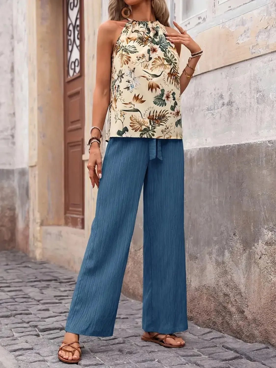Printed Tank Top and Wide Leg Pants Set - NORIVE