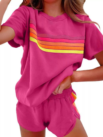 Rainbow Striped Round Neck Top and Shorts Set - NORIVE