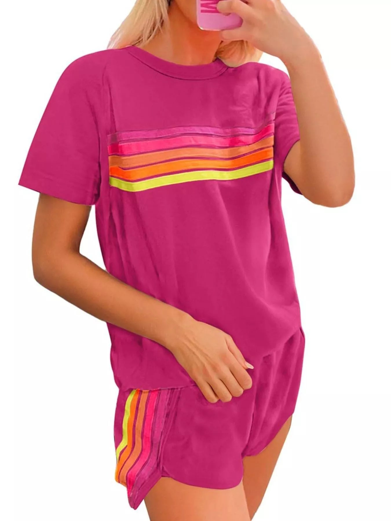 Rainbow Striped Round Neck Top and Shorts Set - NORIVE