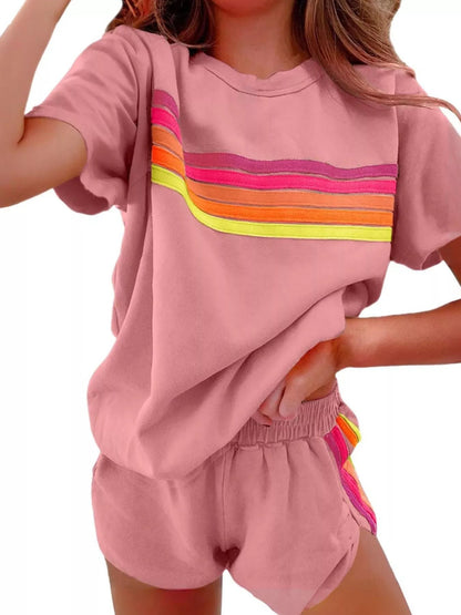 Rainbow Striped Round Neck Top and Shorts Set - NORIVE