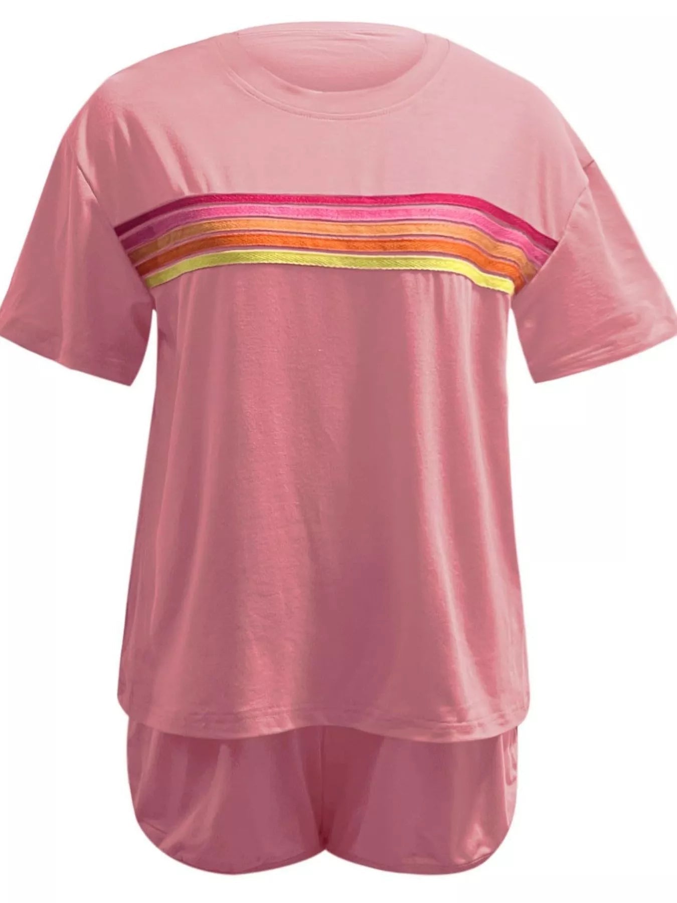 Rainbow Striped Round Neck Top and Shorts Set - NORIVE