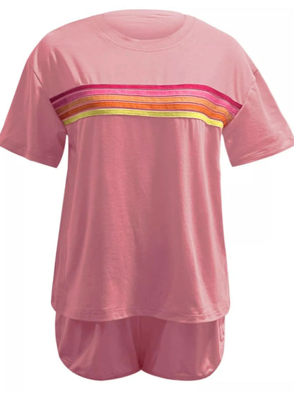 Rainbow Striped Round Neck Top and Shorts Set - NORIVE