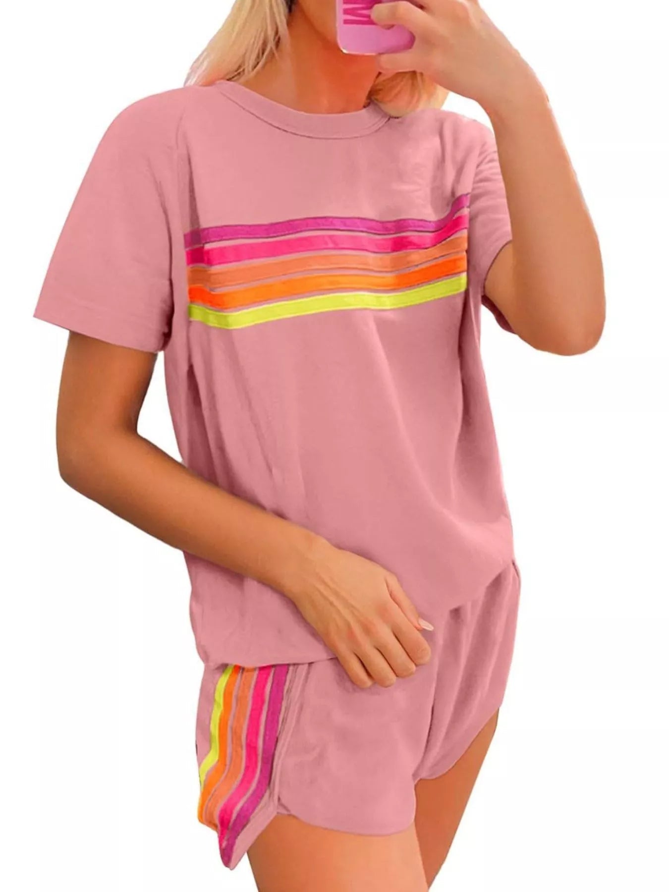 Rainbow Striped Round Neck Top and Shorts Set - NORIVE