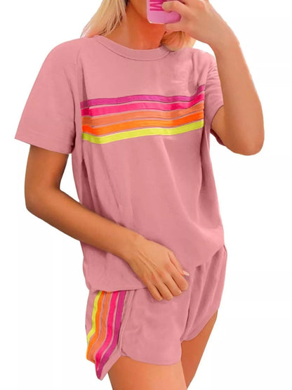 Rainbow Striped Round Neck Top and Shorts Set - NORIVE