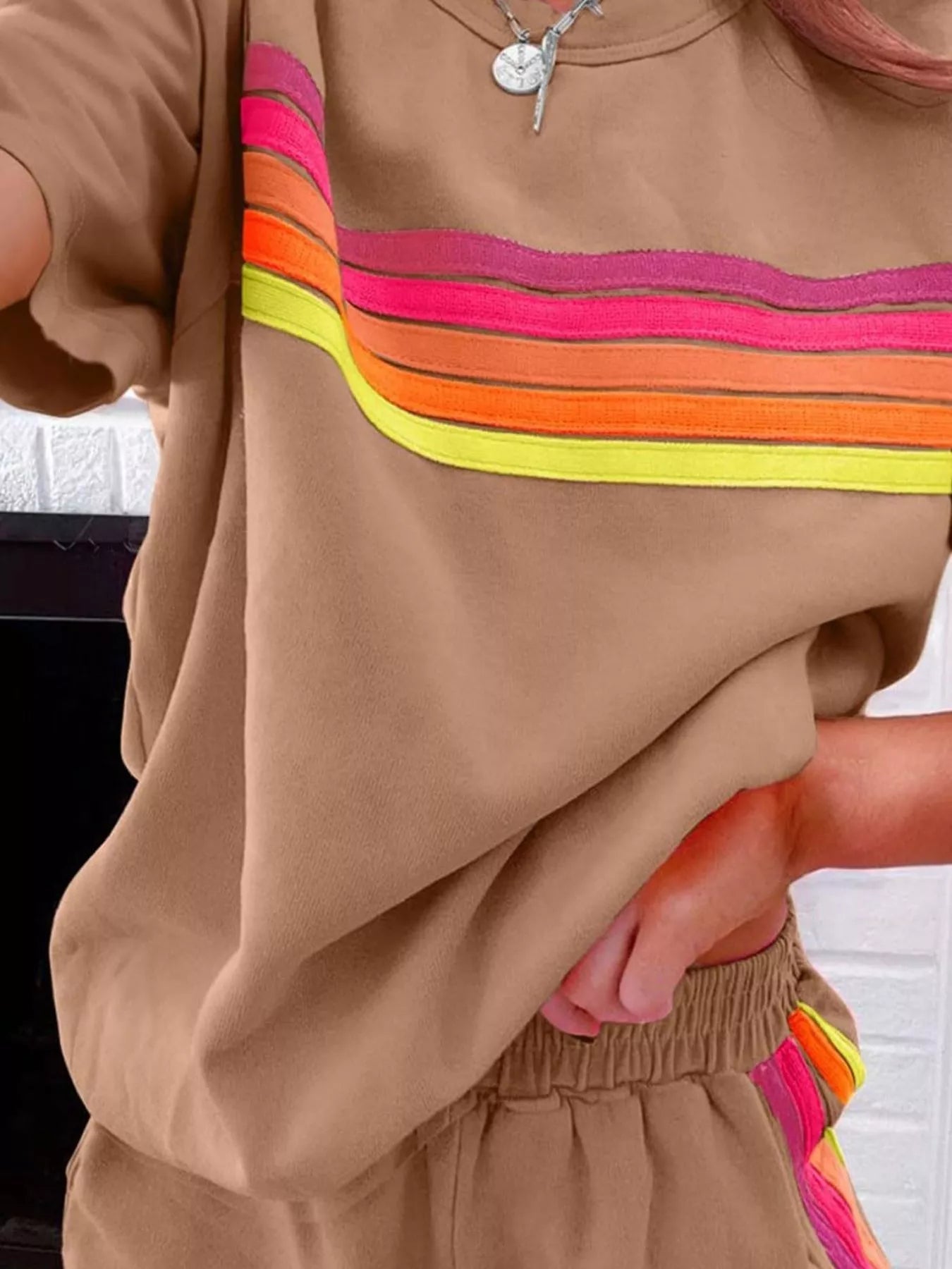 Rainbow Striped Round Neck Top and Shorts Set - NORIVE