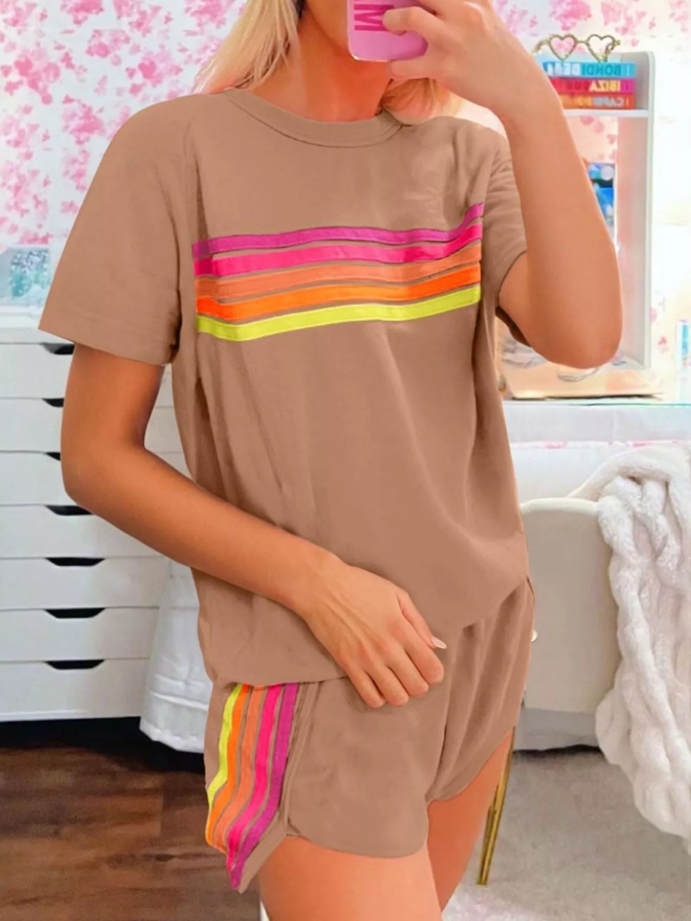 Rainbow Striped Round Neck Top and Shorts Set - NORIVE
