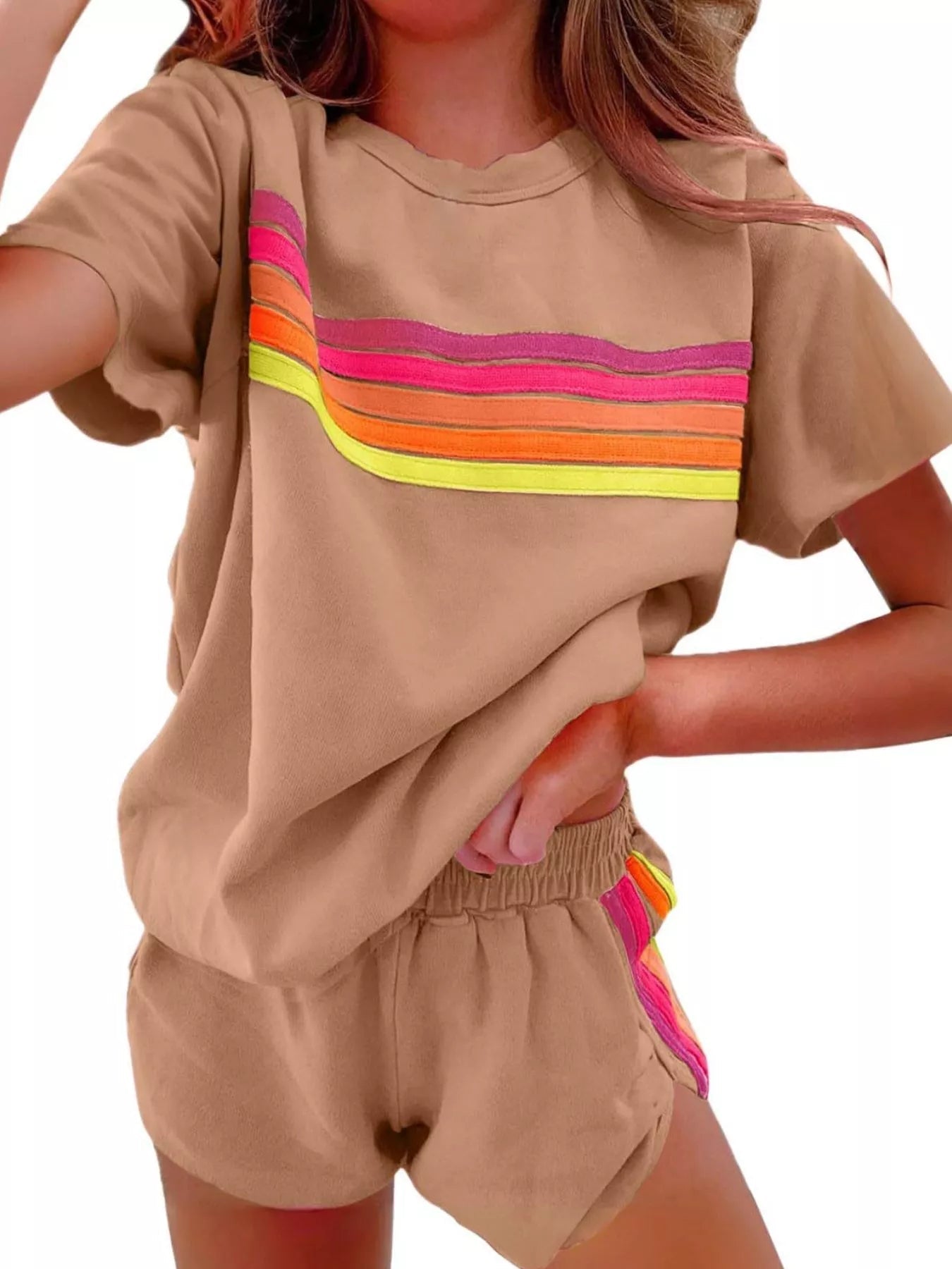 Rainbow Striped Round Neck Top and Shorts Set - NORIVE