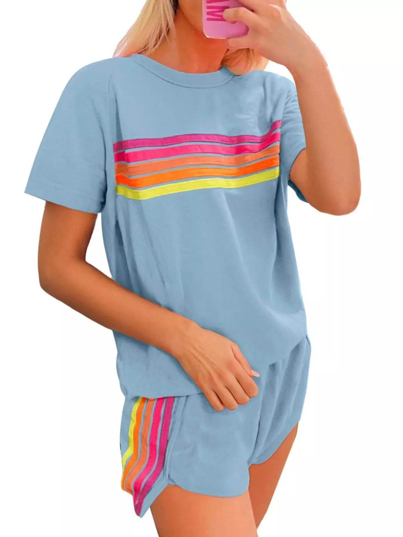 Rainbow Striped Round Neck Top and Shorts Set - NORIVE