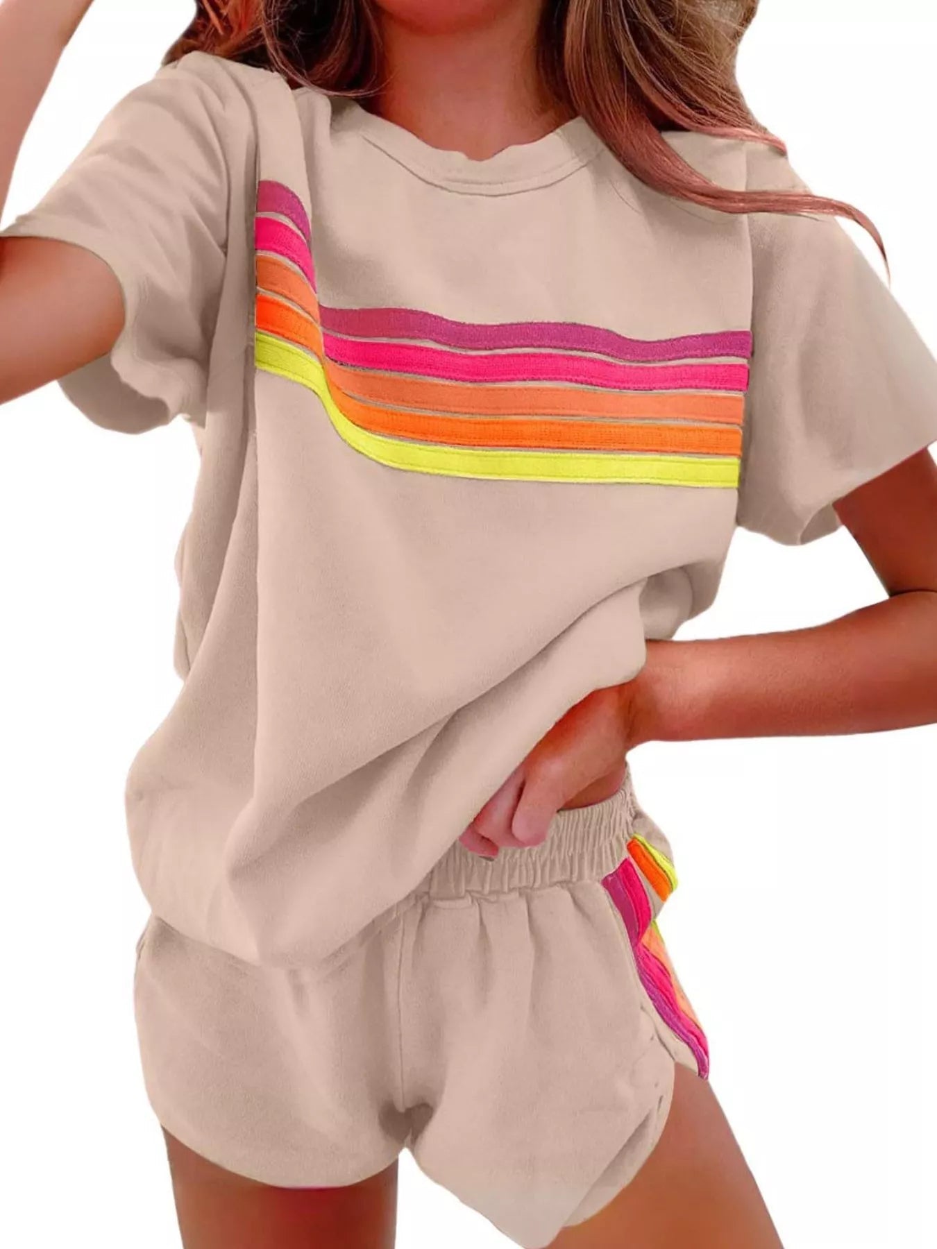 Rainbow Striped Round Neck Top and Shorts Set - NORIVE