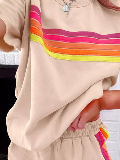 Rainbow Striped Round Neck Top and Shorts Set - NORIVE