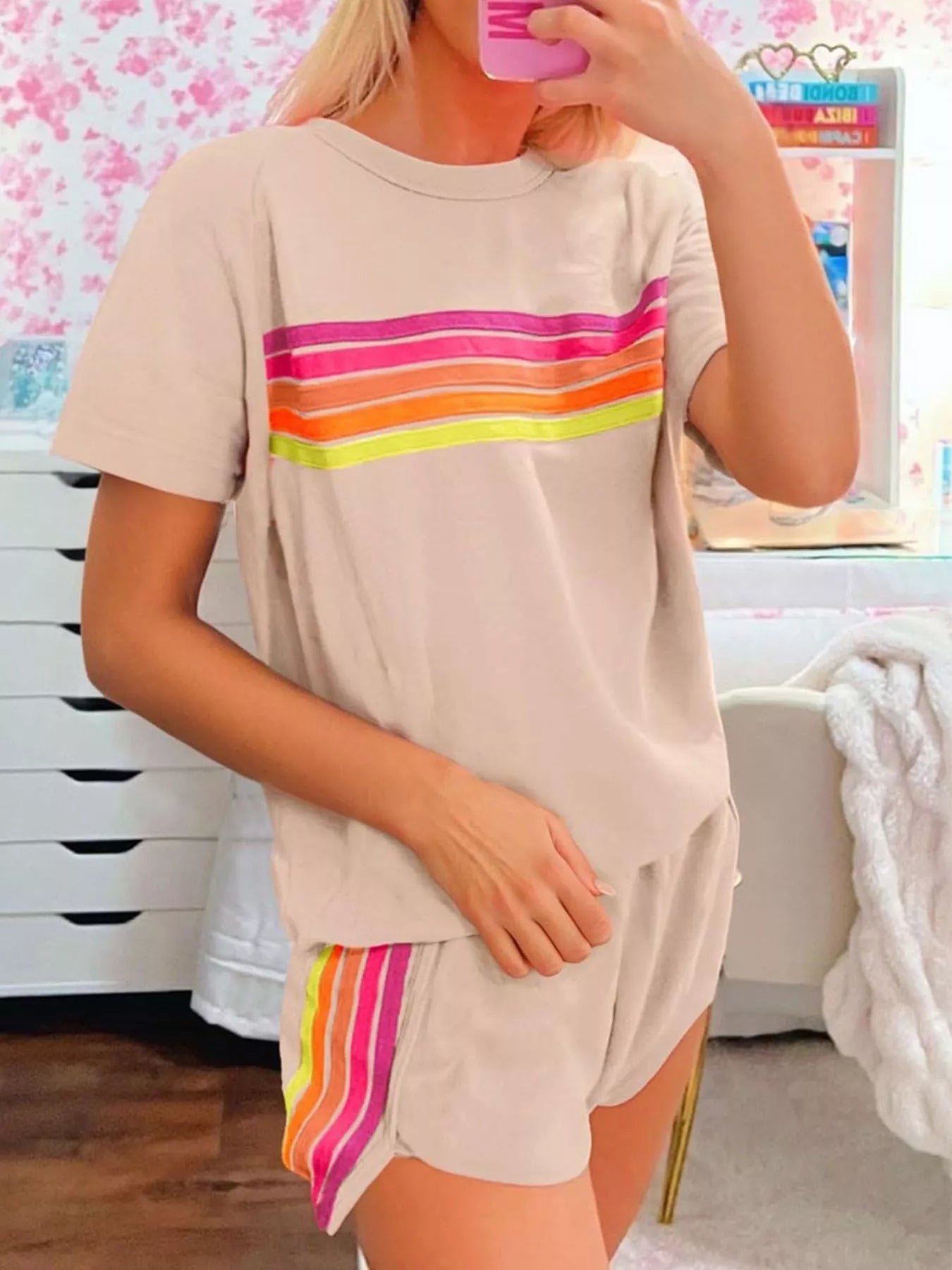 Rainbow Striped Round Neck Top and Shorts Set - NORIVE