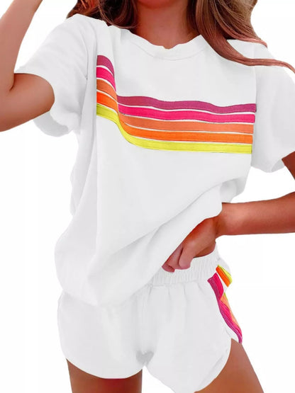 Rainbow Striped Round Neck Top and Shorts Set - NORIVE