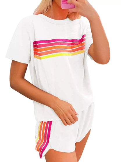 Rainbow Striped Round Neck Top and Shorts Set - NORIVE