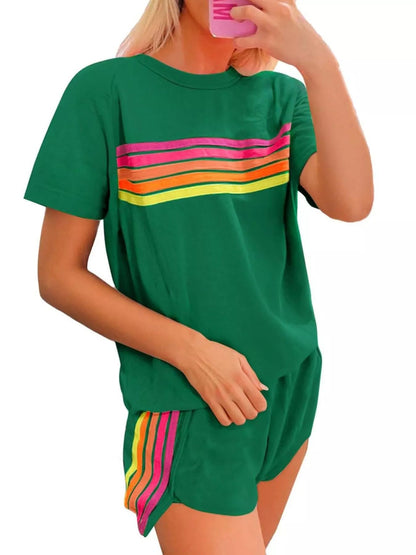 Rainbow Striped Round Neck Top and Shorts Set - NORIVE