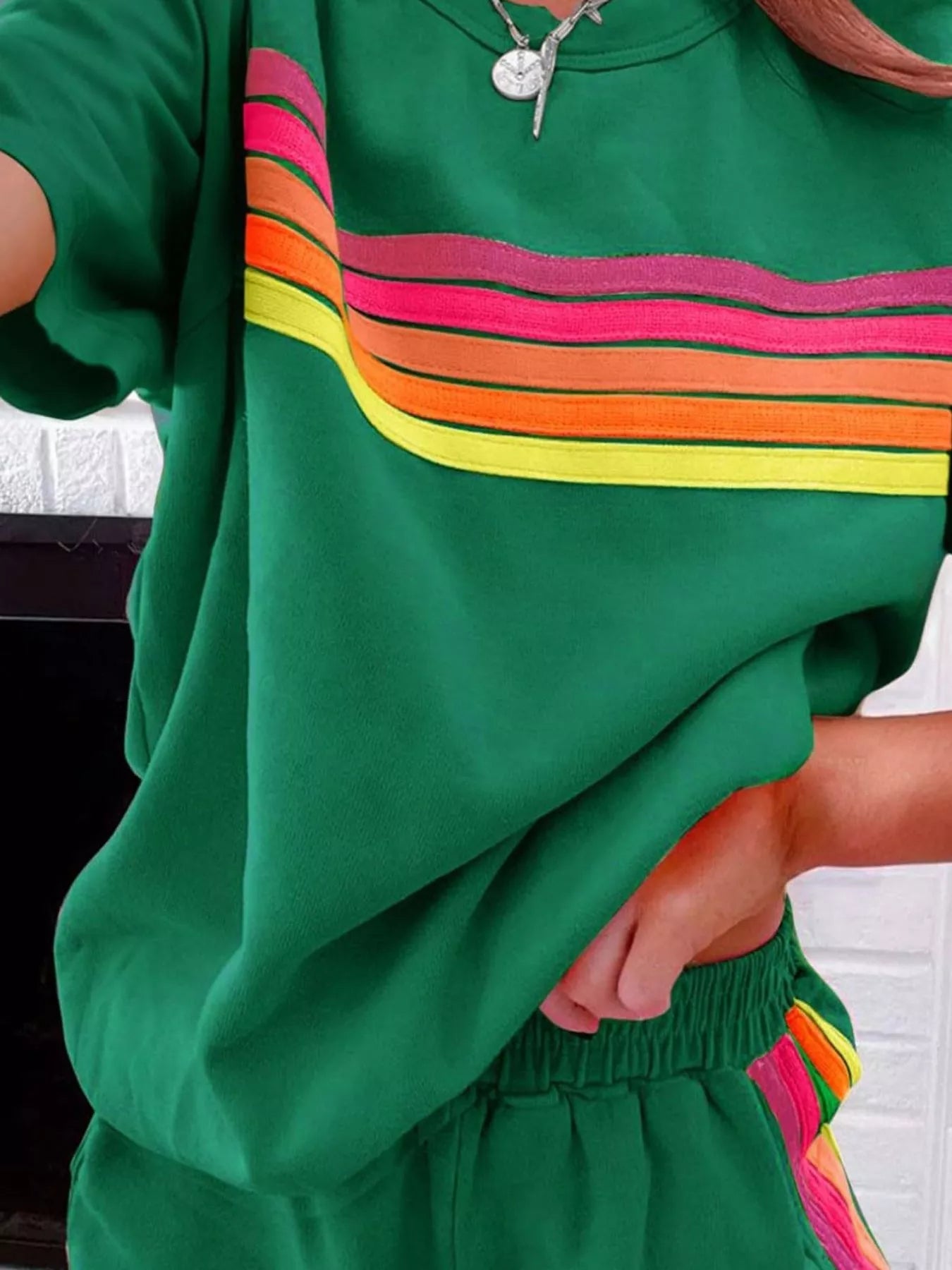Rainbow Striped Round Neck Top and Shorts Set - NORIVE