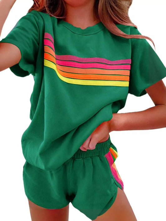 Rainbow Striped Round Neck Top and Shorts Set - NORIVE