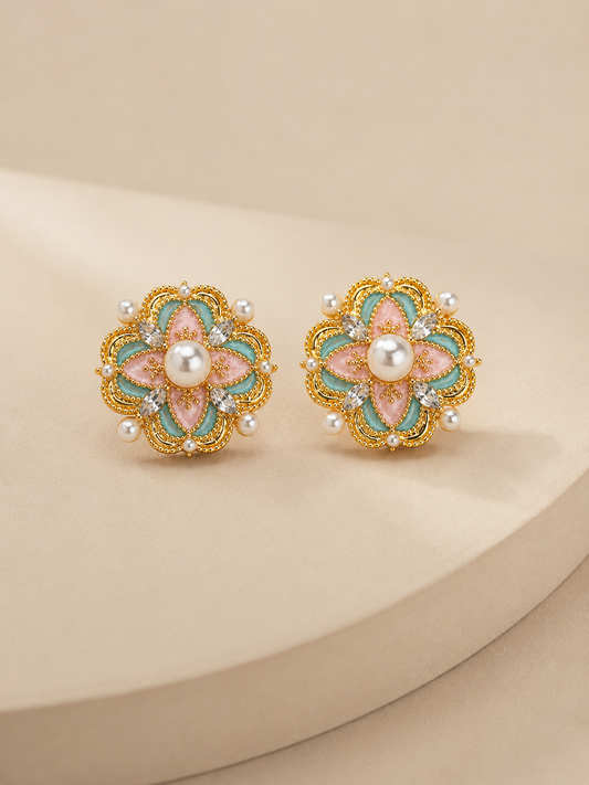 NORIVE Floral Pearl Stud Earrings for Women – Vintage-Inspired Pink & Mint Flower Earrings