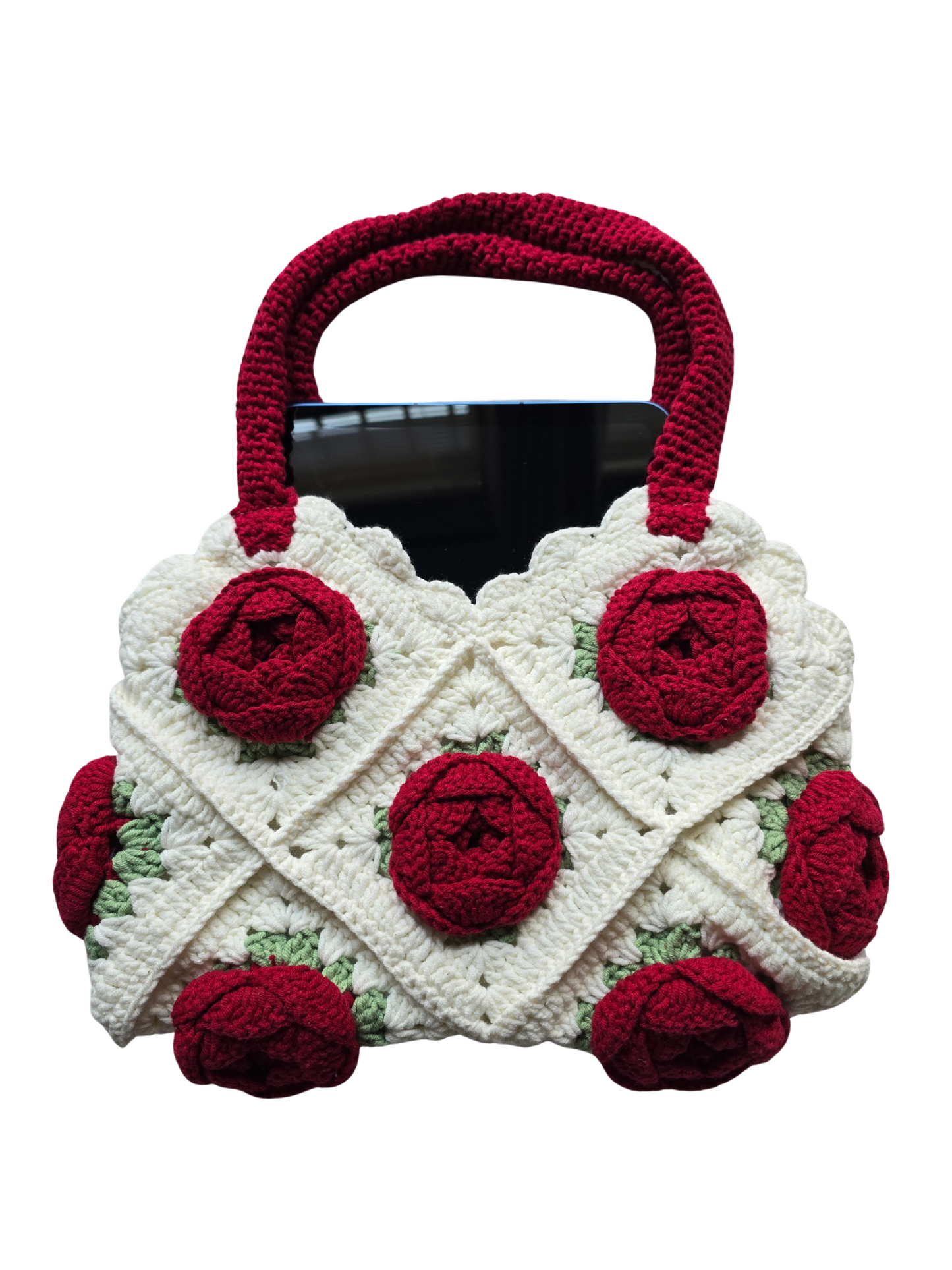 Norive Crochet Rose Tote – Handmade Floral Wool Bag with Top Handles